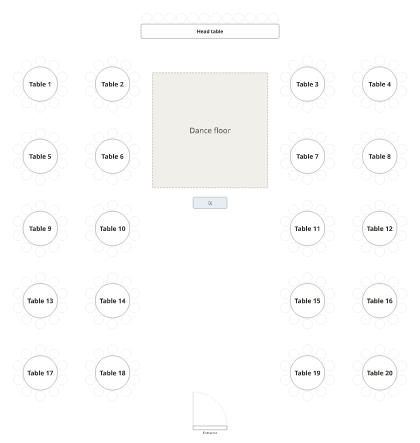 A blank wedding floor plan with a head table, a dance floor and twenty round tables of ten in two blocks.