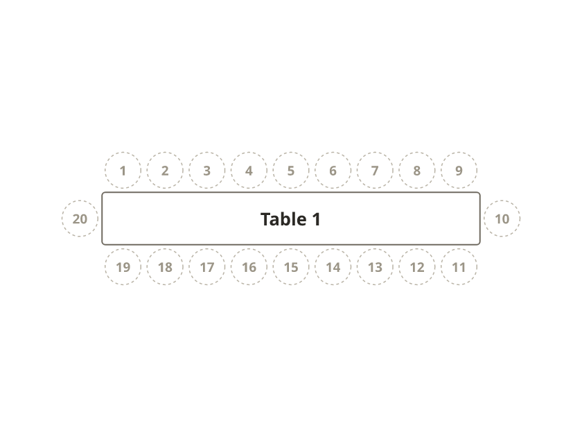 One long table with twenty numbered chairs: nine along each side and one at each end.