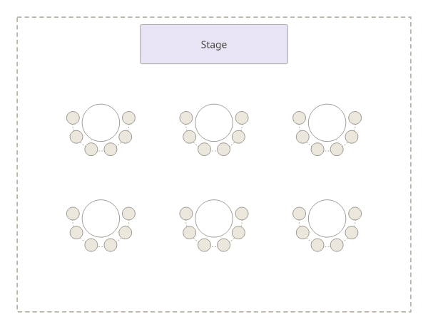 Cabaret style: the same six round tables with six chairs each, all on the side away from the stage, so nobody faces away from it.