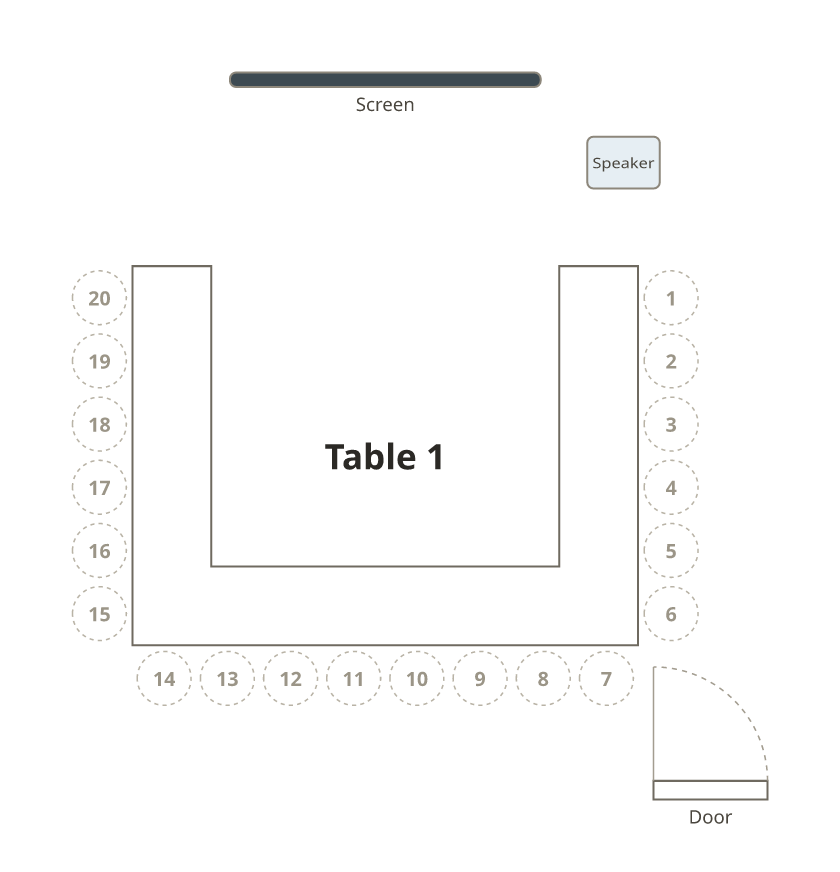 A U-shaped table with twenty numbered chairs on the outside, its open end facing a screen and a speaker’s podium.