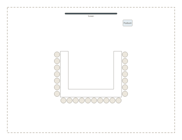 U-shape: tables in a U open towards the screen, with 24 chairs around the outside.