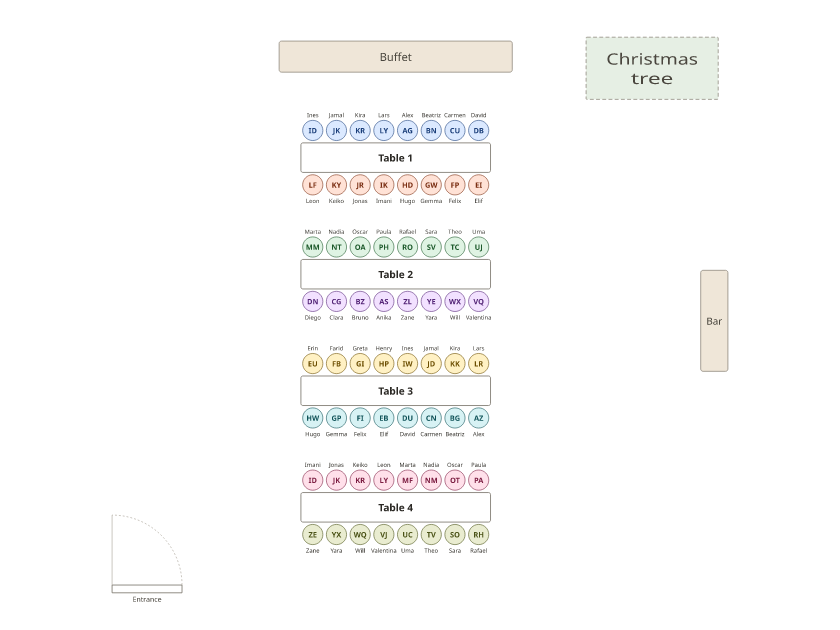 An office holiday party: four long tables of sixteen, two teams per table, with a buffet, a bar and a Christmas tree.
