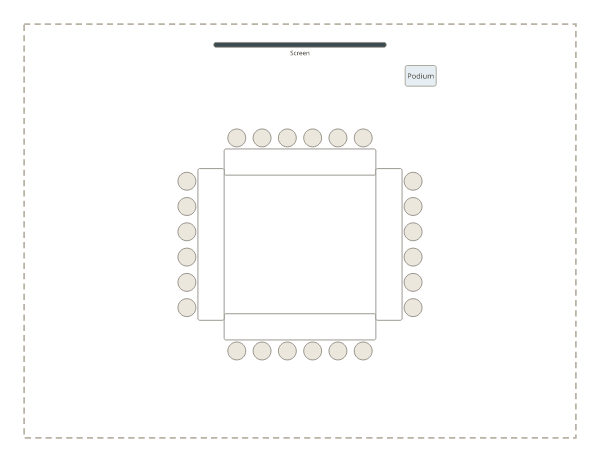 Hollow square: four tables forming a closed square with chairs around the outside, 24 in all.