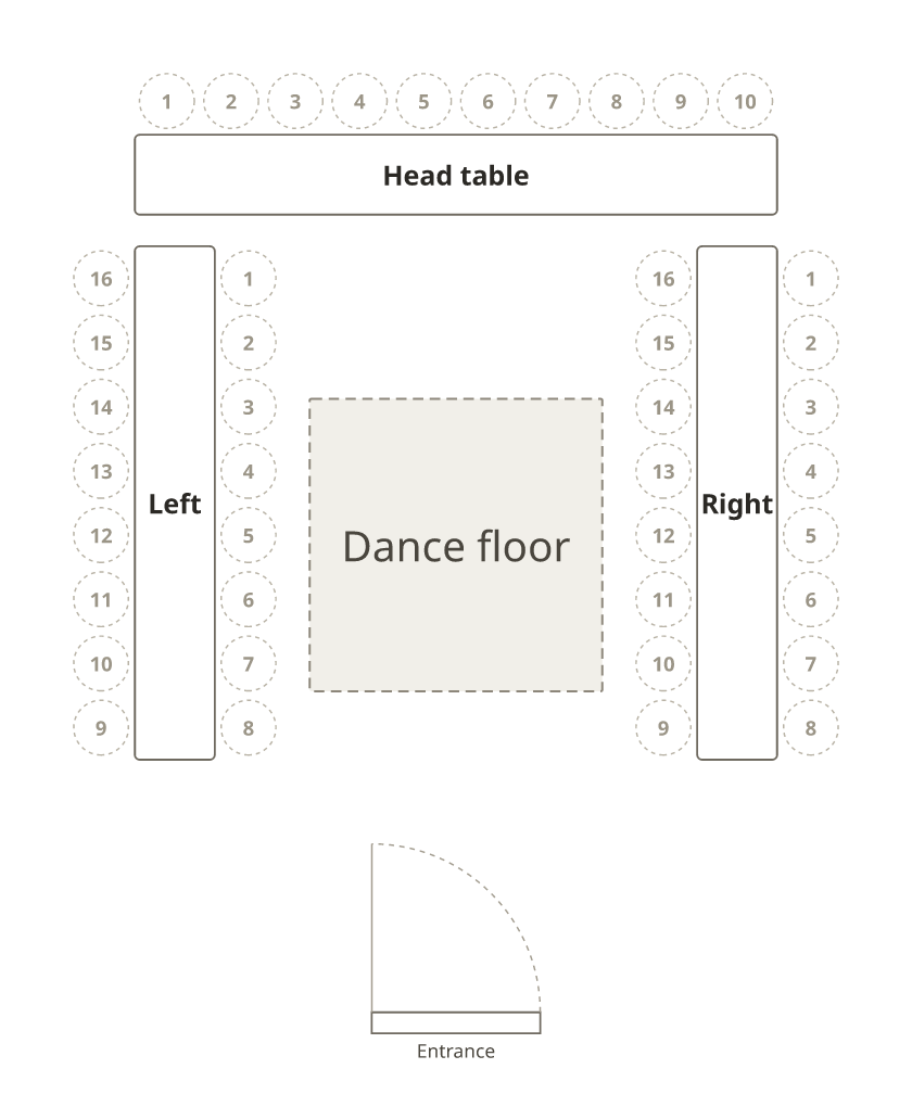 A head table of ten across the top and two long tables down the sides with numbered chairs on both sides, around a dance floor.