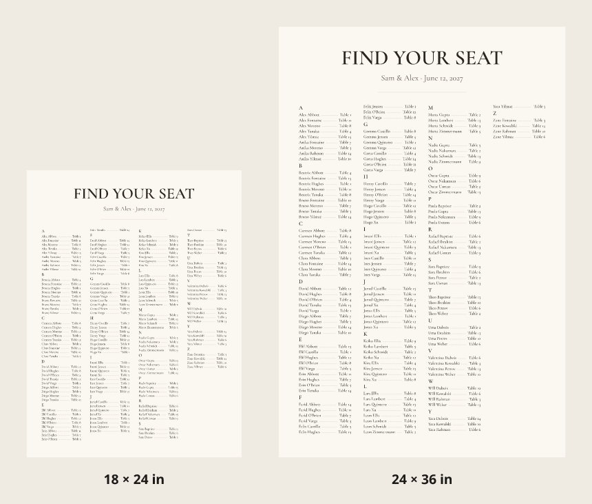 The same alphabetical seating chart of 150 guests on an 18 by 24 inch sign and a 24 by 36 inch sign, side by side at the same scale; the larger sign has noticeably larger names.