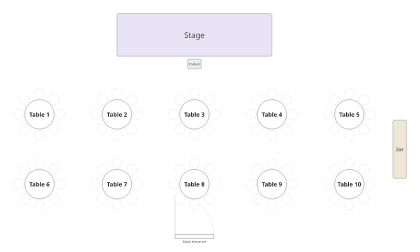 A blank seating chart with ten numbered round tables of eight in two rows below a stage, with a bar and an entrance.