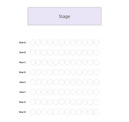A blank seating chart with eight rows of twelve chairs, rows A to H, facing a stage.