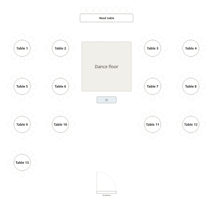 A blank wedding floor plan with a head table, a dance floor and thirteen round tables of eight.