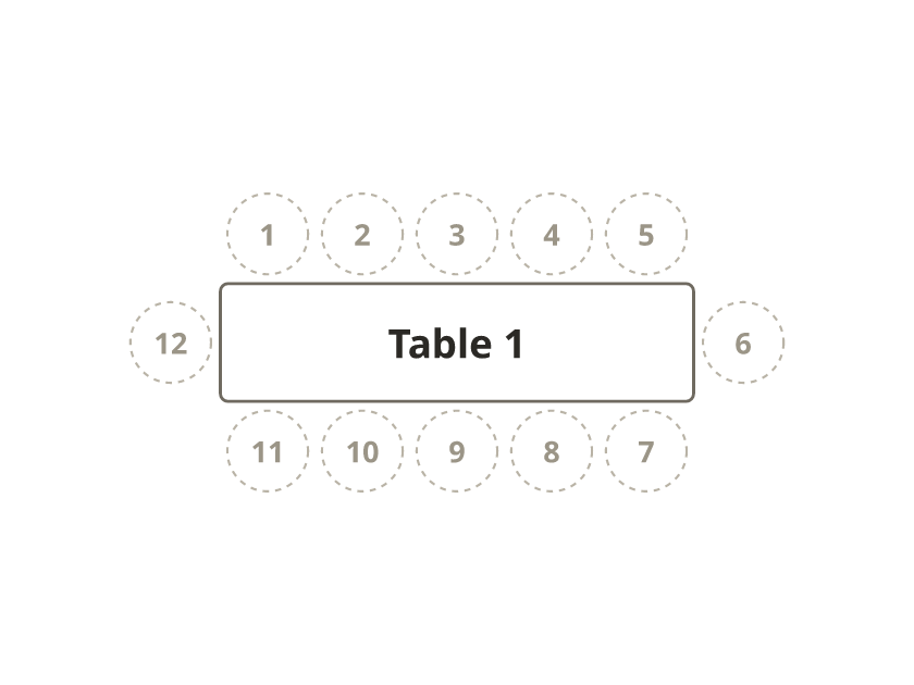 One long table with twelve numbered chairs: five along each side and one at each end.