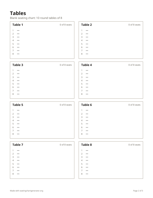 A printed fill-in page headed Tables, with a box for each round table listing seat numbers 1 to 8 beside blank spaces for names.