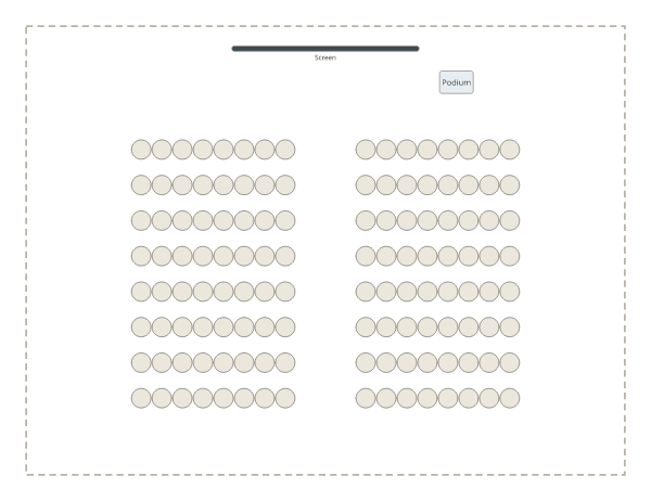 Theater style: sixteen rows of eight chairs in two blocks with a centre aisle, facing the screen.
