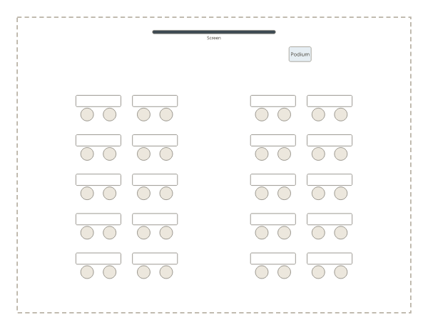 Classroom style: twenty 6-foot tables in rows facing the screen, two chairs at each, in two blocks with a centre aisle.