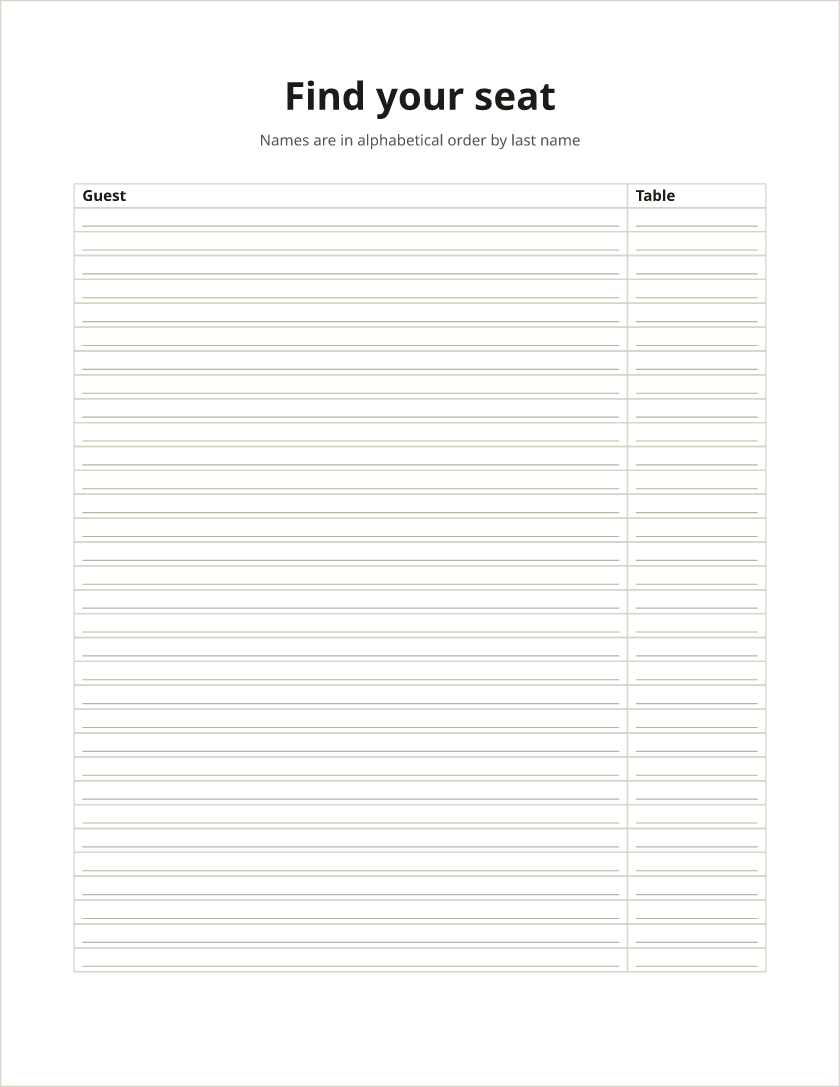 A portrait page headed Find your seat, with a two-column table of Guest and Table and 32 blank rows.