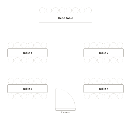 A blank seating chart with a head table and four long tables of twelve in two rows.
