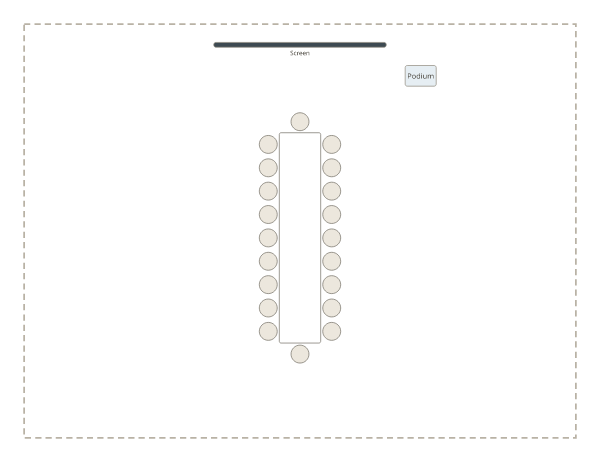 Boardroom style: one long table with nine chairs on each side and one at each end, pointing towards the screen.
