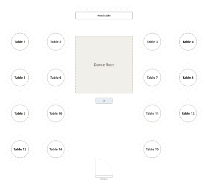 A blank wedding floor plan with a head table, a dance floor and fifteen round tables of ten.