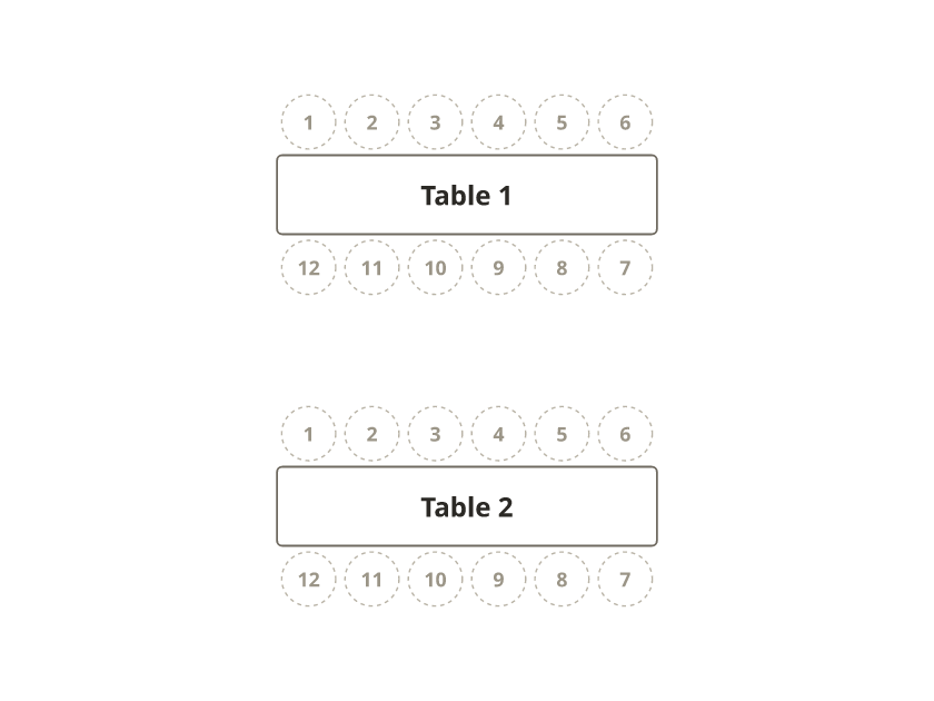 Two parallel long tables, each with twelve numbered chairs, six along each side.
