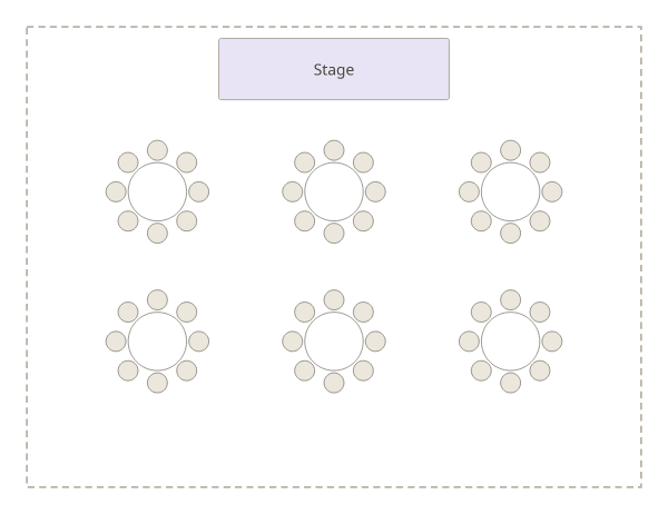 A banquet layout drawn to scale in a 16 by 12 metre room: six round tables of eight below a stage.