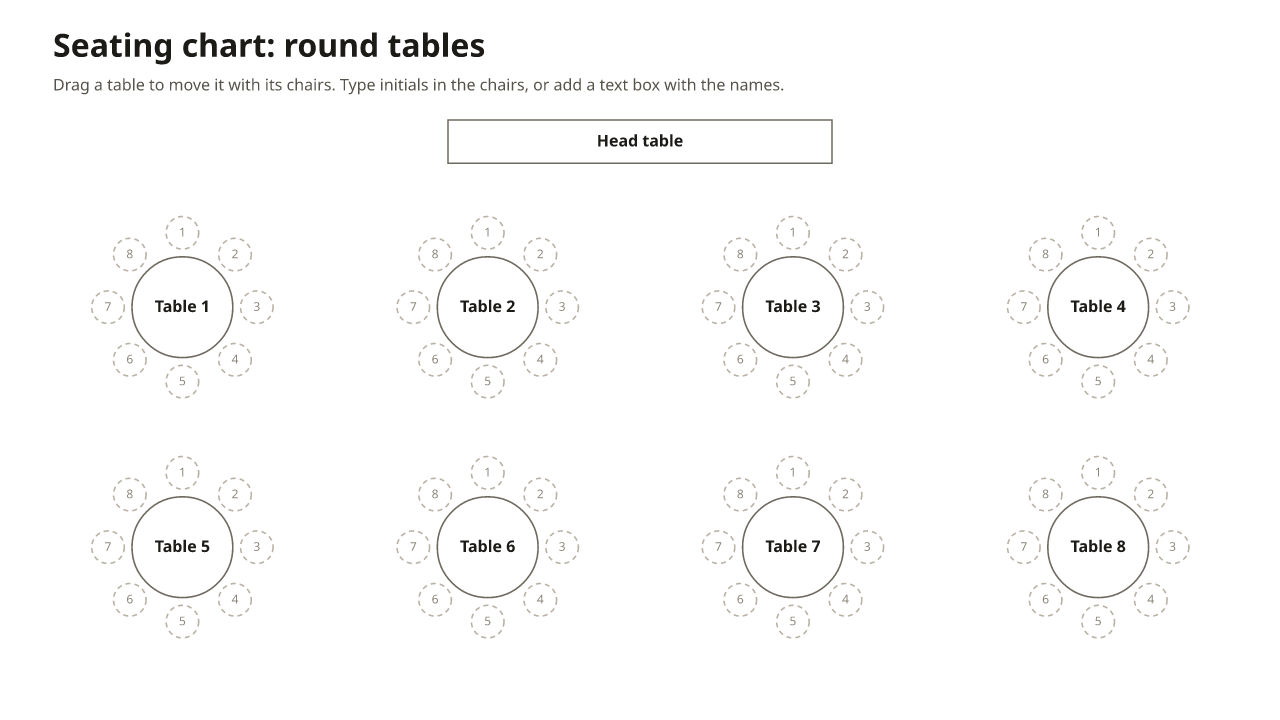 A slide titled Seating chart: round tables with a head table and eight round tables, each with eight chairs numbered 1 to 8 clockwise from the top.