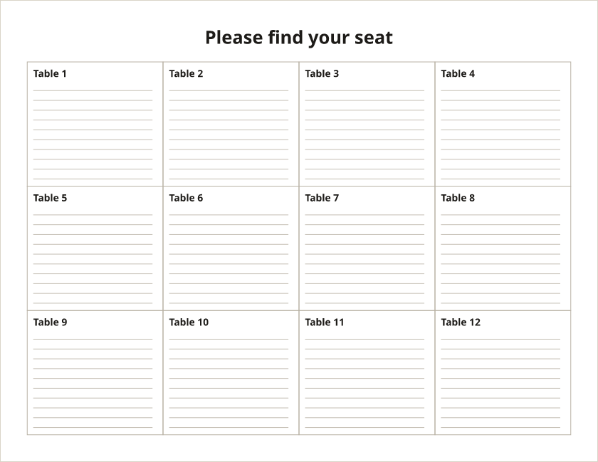 A landscape page headed Please find your seat, with twelve boxes labelled Table 1 to Table 12, each with ten blank lines for names.