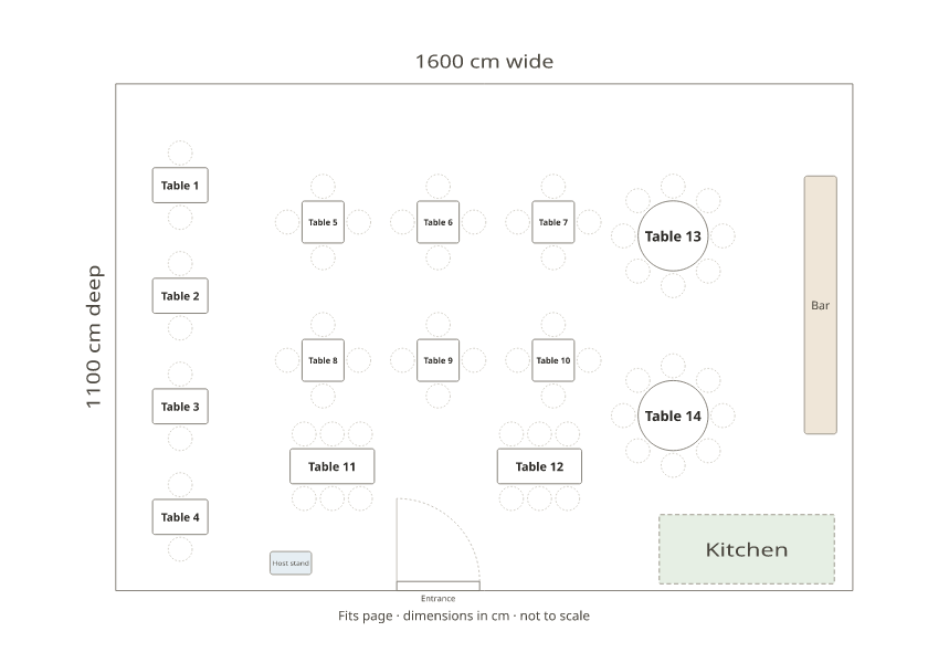 A restaurant floor plan with four two-tops along the window, six four-tops, two six-tops and two round tables of eight, a bar, the kitchen, a host stand and the entrance.