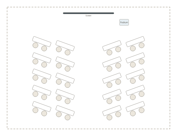 Chevron style: the same tables angled in a V towards the screen, each side turned towards the centre aisle.