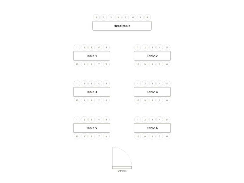 A head table of eight at the top and six long tables of ten in two columns below it, every chair numbered, with an entrance at the bottom.