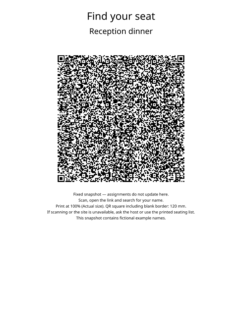 A printable Letter sign: “Find your seat”, the plan name, a large QR code, and short instructions for guests.